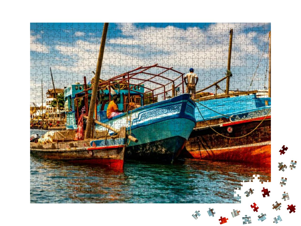 Colorful, Old, Wooden Fishing Dhows Moored Alongside the... Jigsaw Puzzle with 1000 pieces
