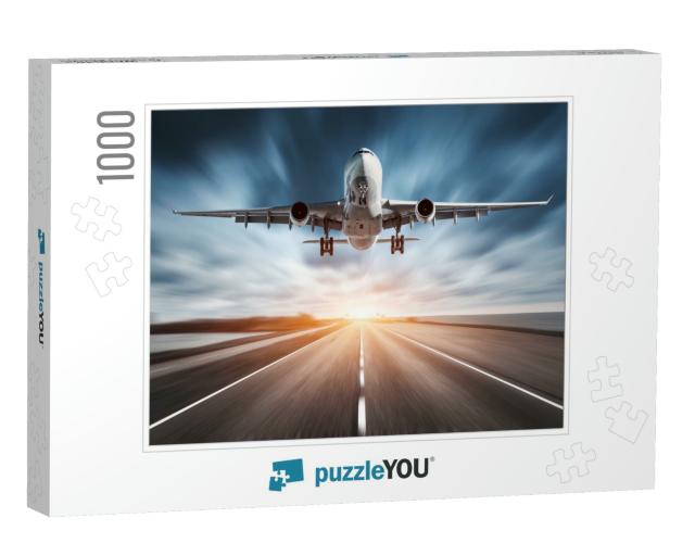 Airplane & Road with Motion Blur Effect At Sunset. Landsc... Jigsaw Puzzle with 1000 pieces