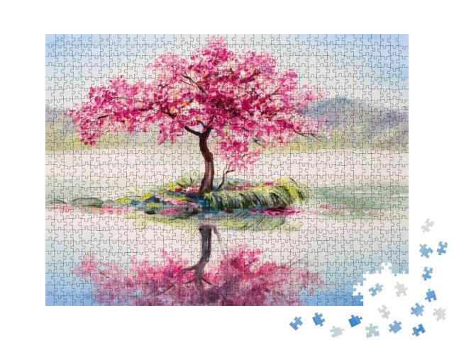 Oil Painting Landscape, Oriental Cherry Tree, Sakura on t... Jigsaw Puzzle with 1000 pieces