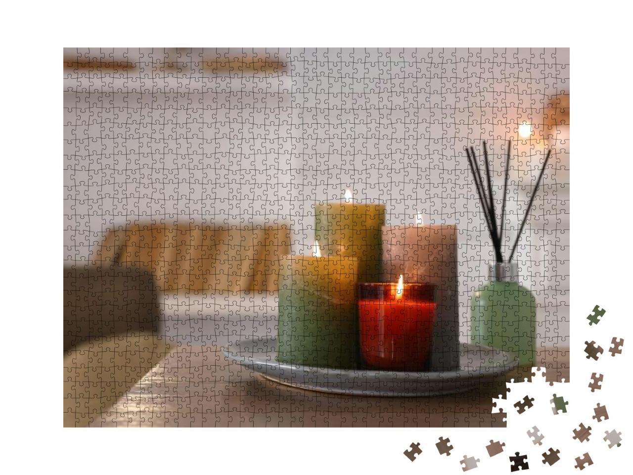 Beautiful Burning Candles & Air Freshener on Wooden Table... Jigsaw Puzzle with 1000 pieces