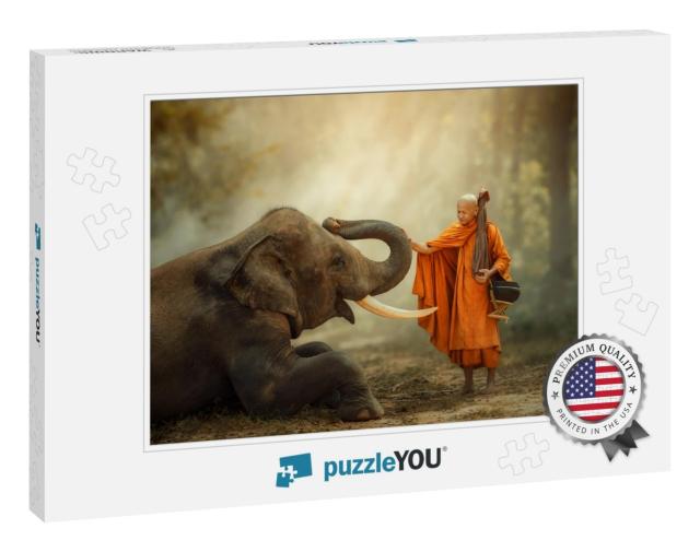 Monk Walking Hiking with Canny Elephant in Forest... Jigsaw Puzzle