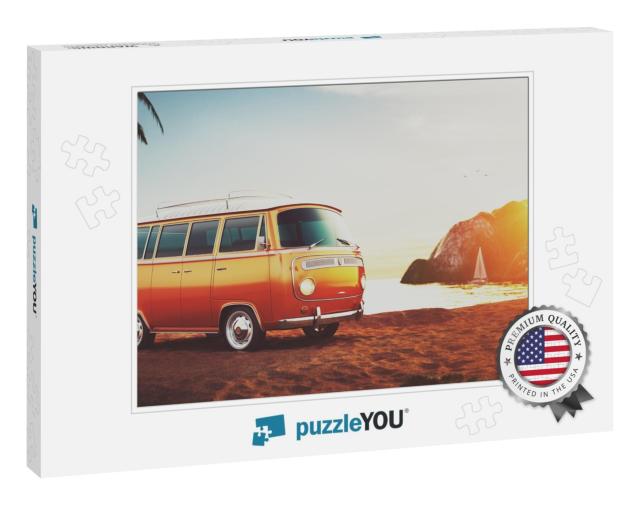 Cute Retro Car on a Beach At Beautiful Sunset. Out of Tow... Jigsaw Puzzle