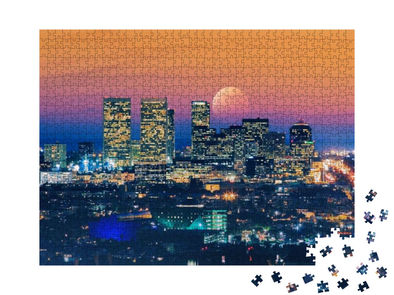 Ful Moon Rising Over Los Angeles Skyline At Dusk. View of... Jigsaw Puzzle with 1000 pieces
