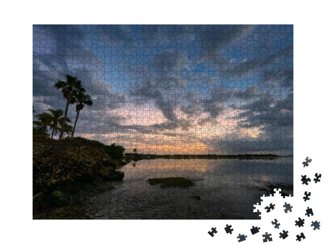 Dramatic Ocean Scene with Rock Island & Palm Trees At Sun... Jigsaw Puzzle with 1000 pieces