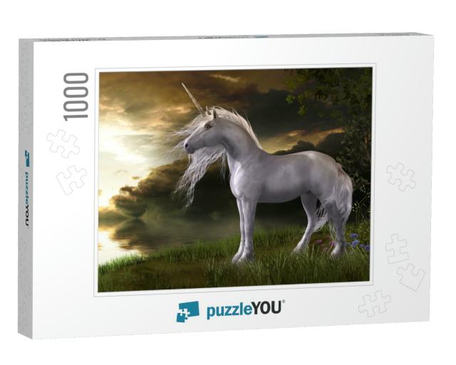 3D Illustration of an Enchanting White Unicorn Watching a... Jigsaw Puzzle with 1000 pieces