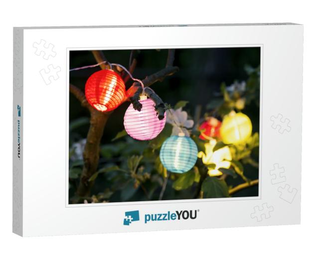 Colorful Lampions Lanterns Up a Tree At Night in the Gard... Jigsaw Puzzle