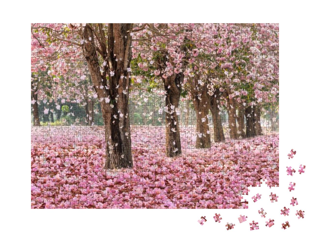 The Romantic Tunnel of Pink Flower Trees with Falling Pet... Jigsaw Puzzle with 1000 pieces
