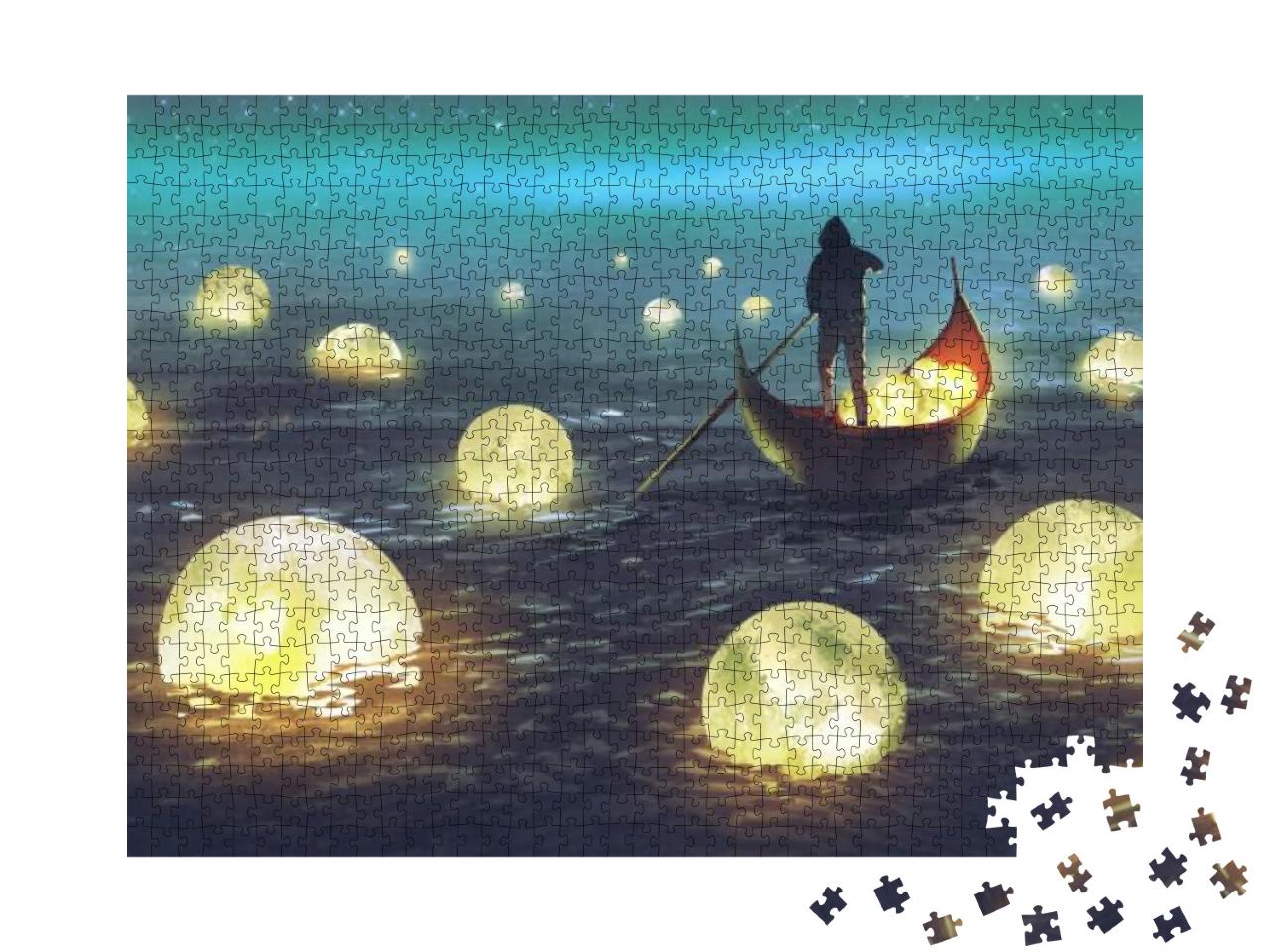 Night Scenery of a Man Rowing a Boat Among Many Glowing M... Jigsaw Puzzle with 1000 pieces