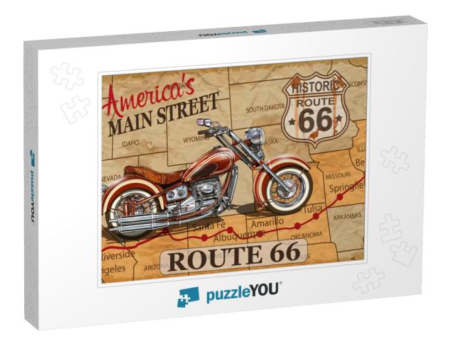 Vintage Route 66 Motorcycle Poster... Jigsaw Puzzle