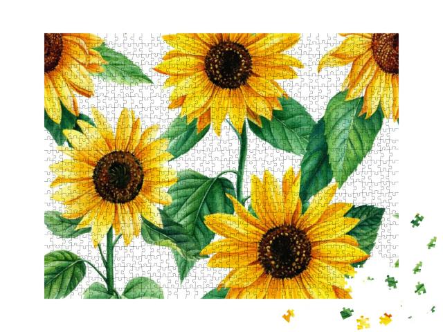 Seamless Pattern with Flowers of Sunflowers. Watercolor H... Jigsaw Puzzle with 1000 pieces