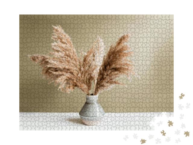Pampas Grass in Vase Against Green Wall... Jigsaw Puzzle with 1000 pieces