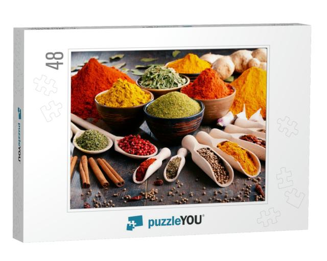 Variety of Spices & Herbs on Kitchen Table... Jigsaw Puzzle with 48 pieces