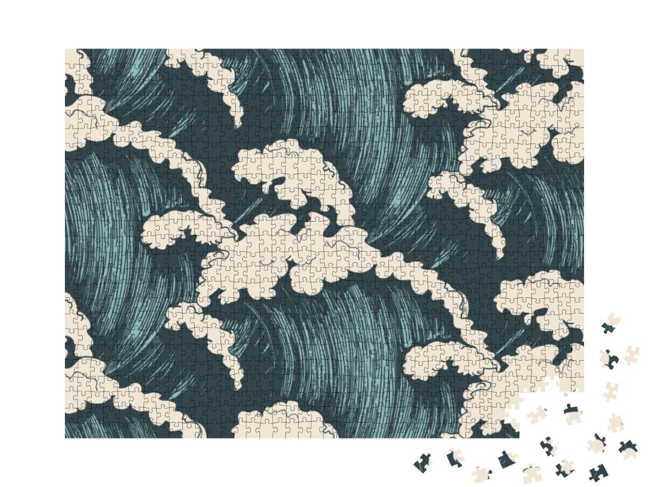 Ocean Waves Seamless Pattern. Sea Wave Blue Background, W... Jigsaw Puzzle with 1000 pieces