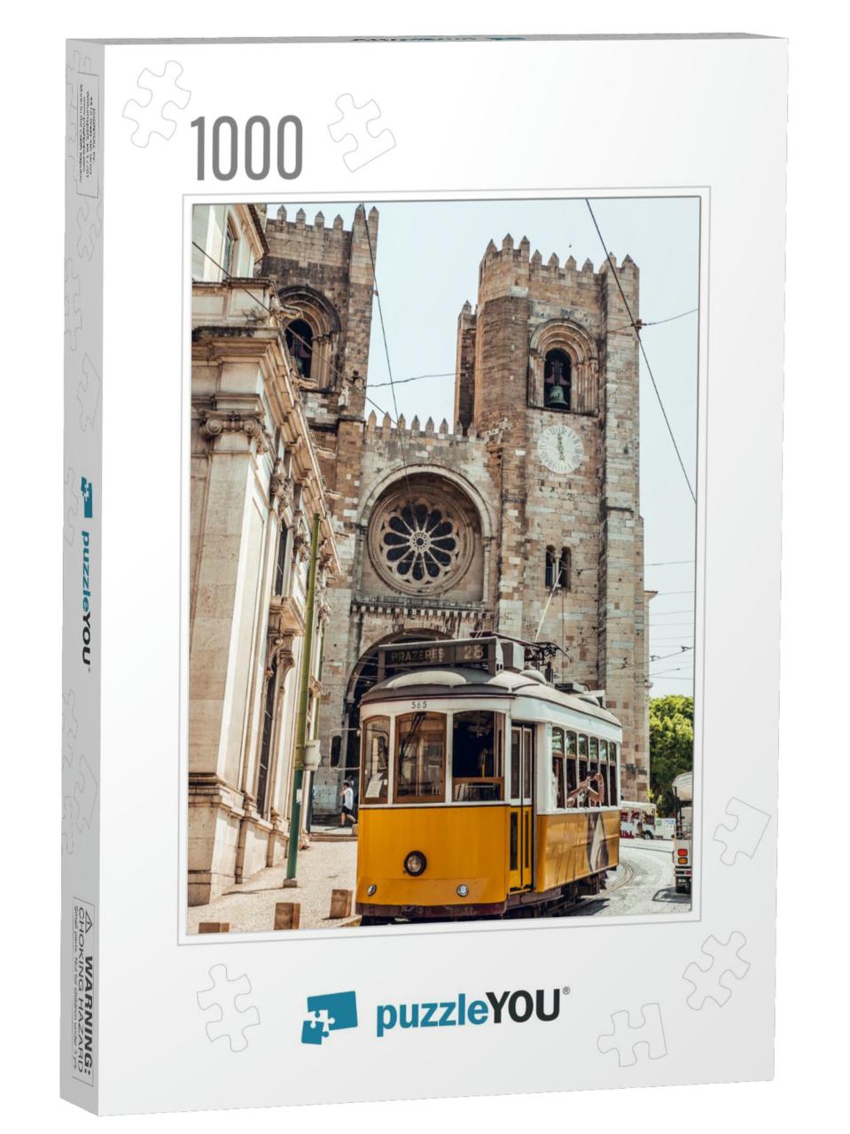 Yellow Tram in Front of Church in Lisbon City, Portugal... Jigsaw Puzzle with 1000 pieces