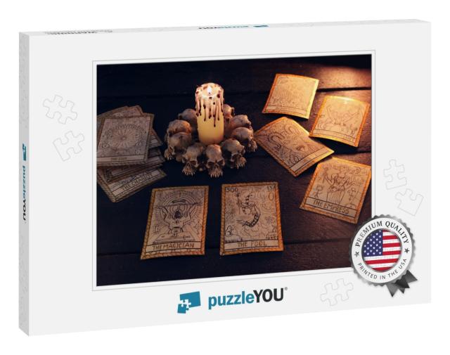 The Tarot Cards with Evil Candle. Halloween & Ma... Jigsaw Puzzle