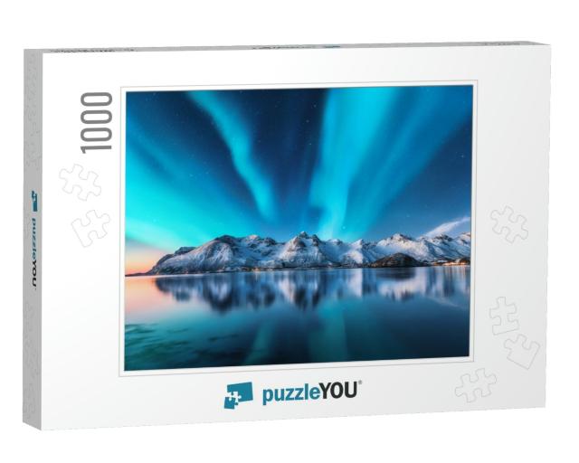 Northern Lights & Snow Covered Mountains in Lofoten Islan... Jigsaw Puzzle with 1000 pieces