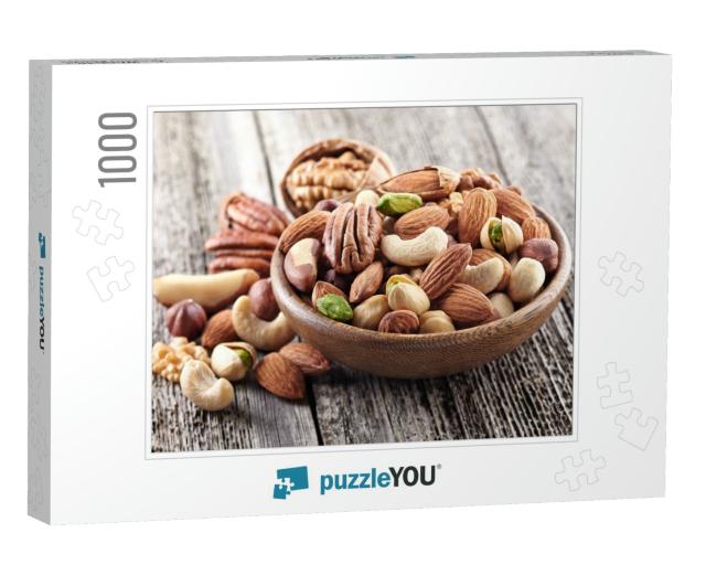 Nuts Mix in a Wooden Plate... Jigsaw Puzzle with 1000 pieces