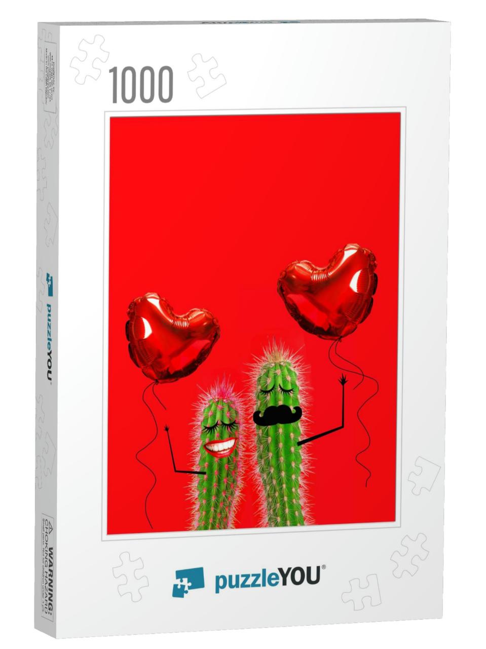 Valentines Day. Cactus Couple with Heart Balloons in Love... Jigsaw Puzzle with 1000 pieces
