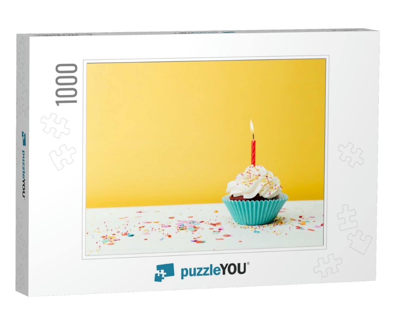 A Colorful Birthday Cupcake with One Candle & Confetti on... Jigsaw Puzzle with 1000 pieces