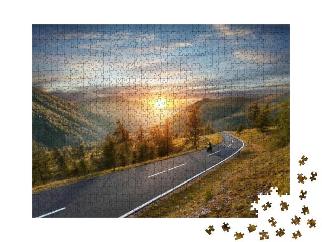 Motorcycle Driver Riding in Alpine Highway, Nockalmstrass... Jigsaw Puzzle with 1000 pieces