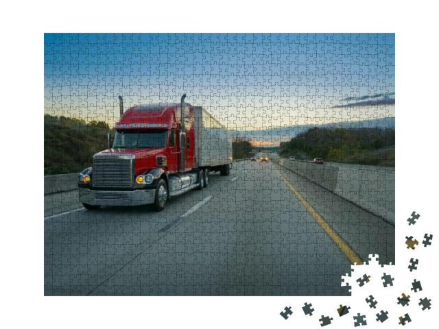Big Red Semi Truck on Highway... Jigsaw Puzzle with 1000 pieces