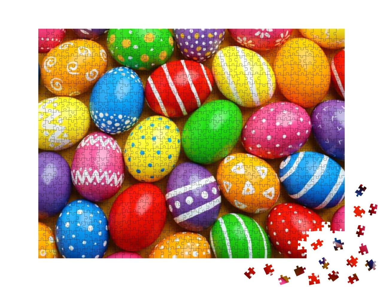 Many Decorated Easter Eggs as Background, Top View. Festi... Jigsaw Puzzle with 1000 pieces