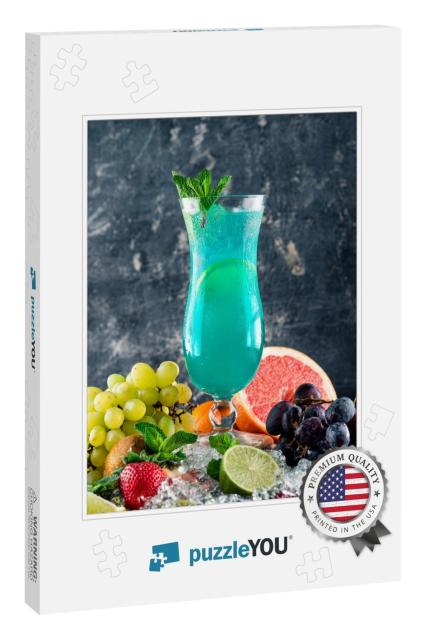 Blue Lagoon Cocktail with Mint & Fresh Fruit. Blue Hawaii... Jigsaw Puzzle