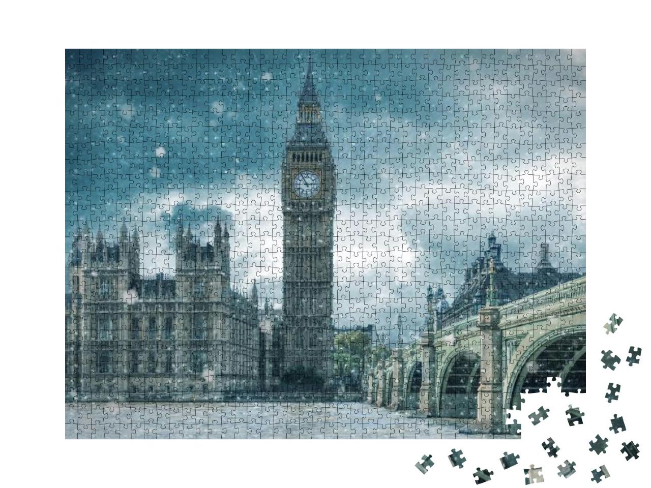 Big Ben & Westminster Bridge on a Cold, Snowy Winter Day... Jigsaw Puzzle with 1000 pieces