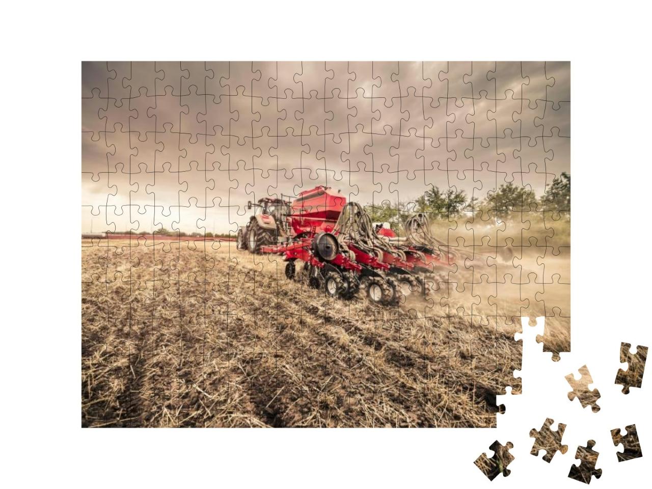 Modern Red Tractor with Red Implement Seeding Directly In... Jigsaw Puzzle with 200 pieces