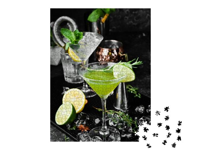 Green Alcoholic Cocktail with Lime & Rosemary. on a Black... Jigsaw Puzzle with 1000 pieces