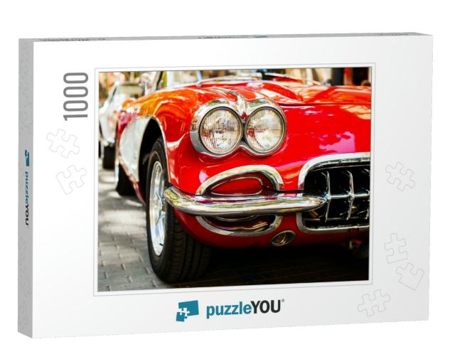 Close-Up of Headlights of Red Vintage Car. Exhibition... Jigsaw Puzzle with 1000 pieces