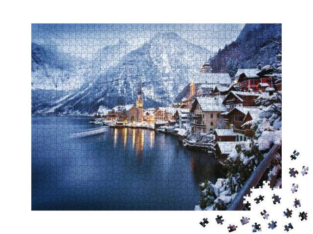 Winter View of Hallstatt, Traditional Austrian Wood Villa... Jigsaw Puzzle with 1000 pieces