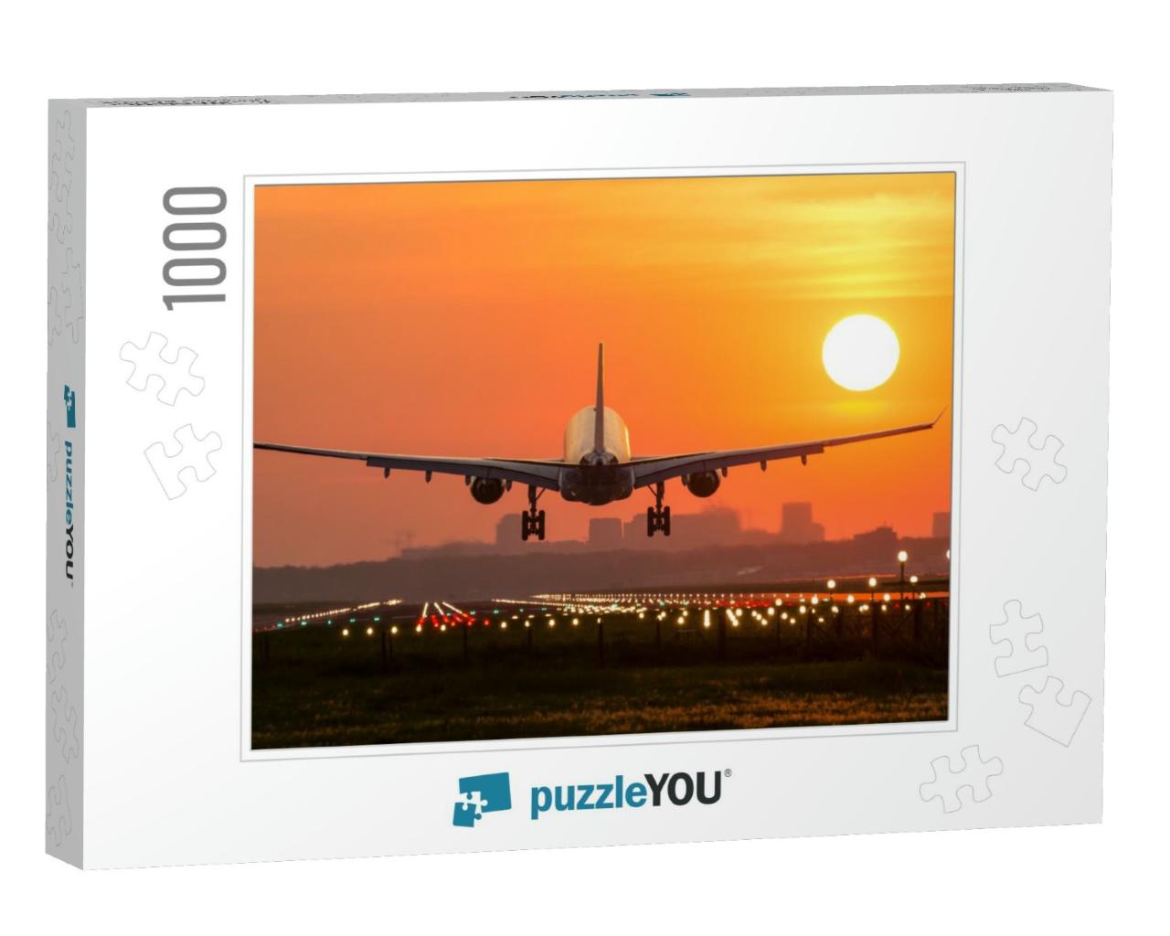 Passenger Plane is Landing During a Wonderful Sunrise... Jigsaw Puzzle with 1000 pieces