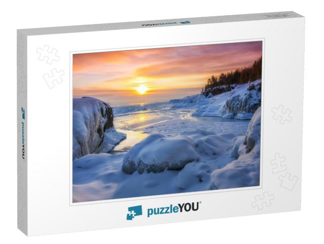 Frozen Lake Superior Sunrise At Presque Isle Park, Winter... Jigsaw Puzzle