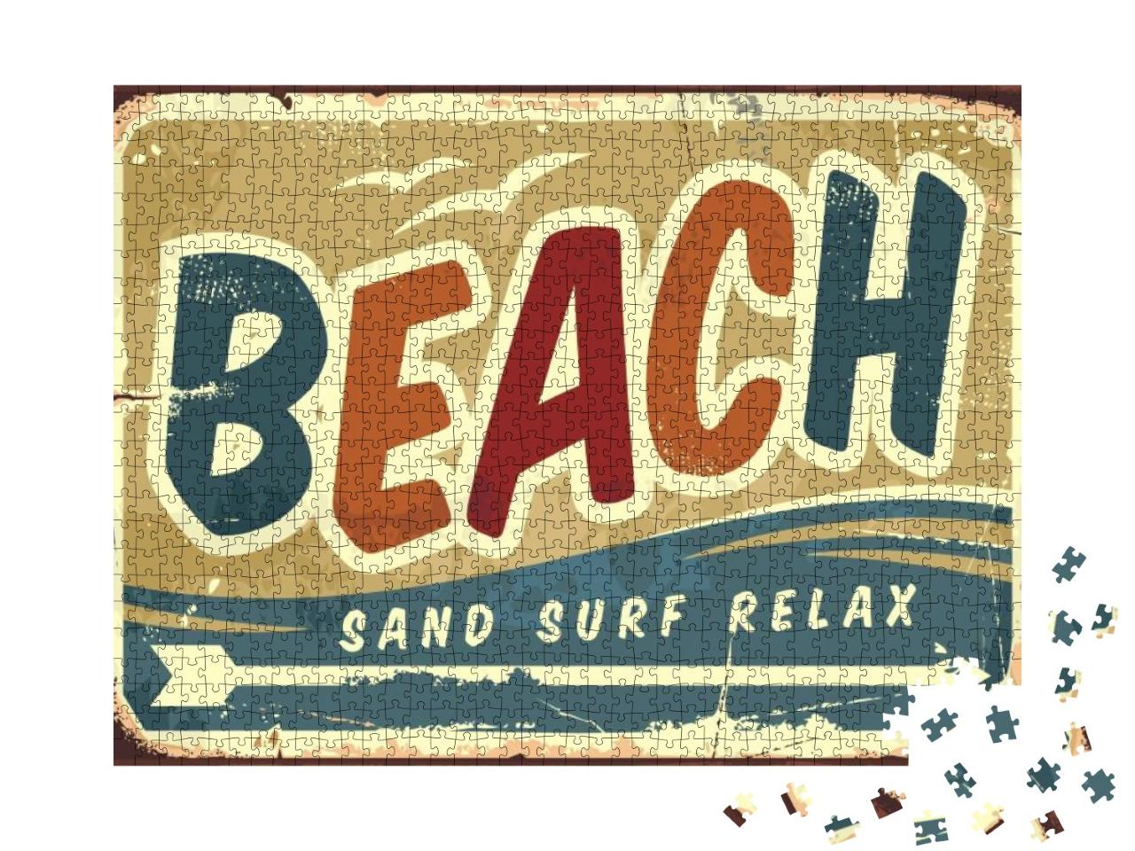 Beach Sign Vector Retro Background. Vintage Signboard wit... Jigsaw Puzzle with 1000 pieces