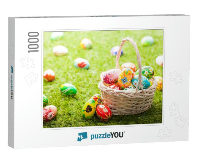 Unique Hand Painted Easter Eggs in Basket on Grass. Tradi... Jigsaw Puzzle with 1000 pieces