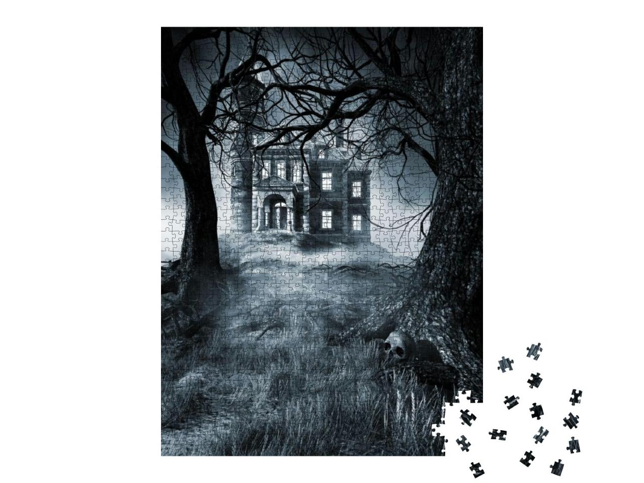 Night Scene with Creepy House, Trees & Fog. 3D Illustrati... Jigsaw Puzzle with 1000 pieces