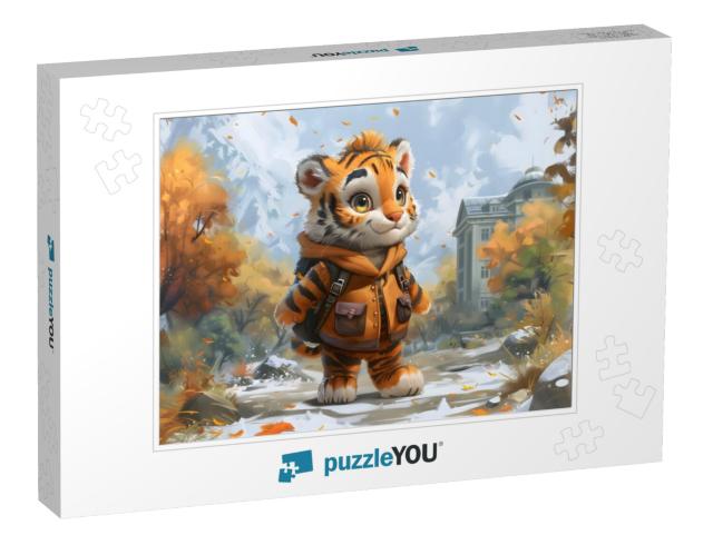 Little Tiger Ready for School while leaves fall Jigsaw Puzzle