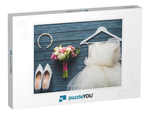 Top View of Wedding Bouquet & Dress on Wooden Da... Jigsaw Puzzle