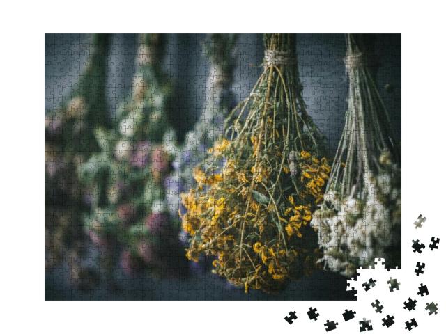 Hanging Bunches of Medicinal Herbs & Flowers, Focus on Hy... Jigsaw Puzzle with 1000 pieces