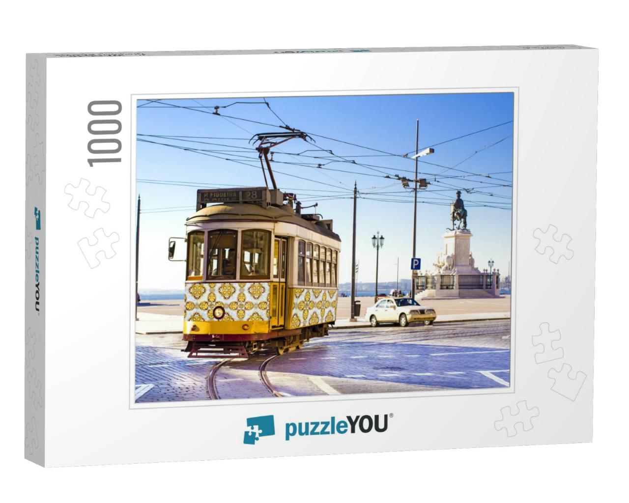 Vintage Yellow Tramway At the Commerce Square in Lisbon... Jigsaw Puzzle with 1000 pieces