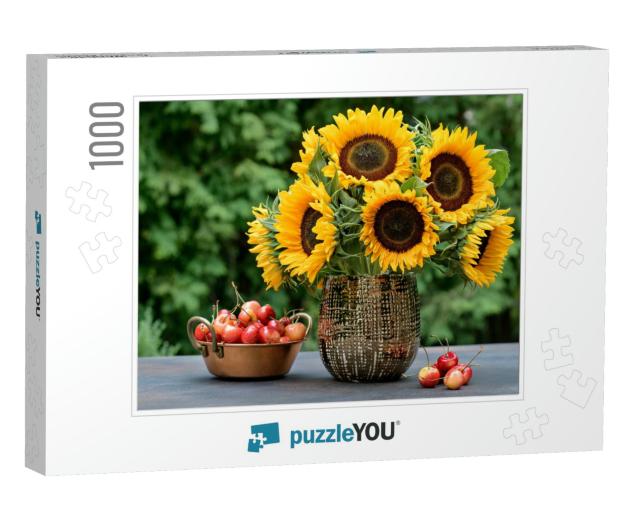 Sunflowers in a Floral Arrangement with Cherries on a Tab... Jigsaw Puzzle with 1000 pieces