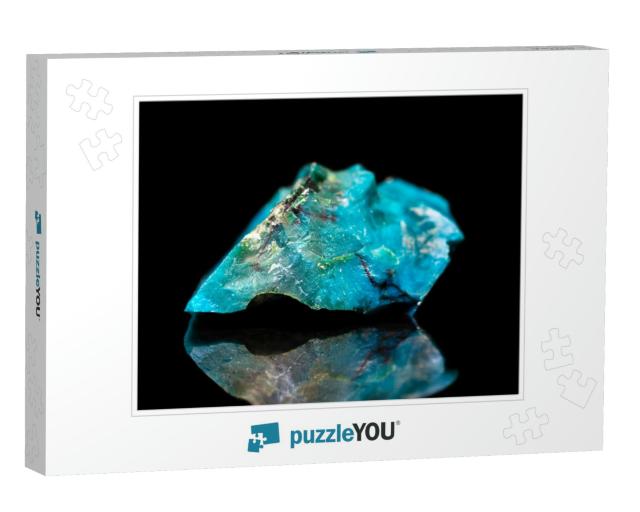 Raw Gemstone in Front of Black, Blue Chrysocolla Mineral... Jigsaw Puzzle
