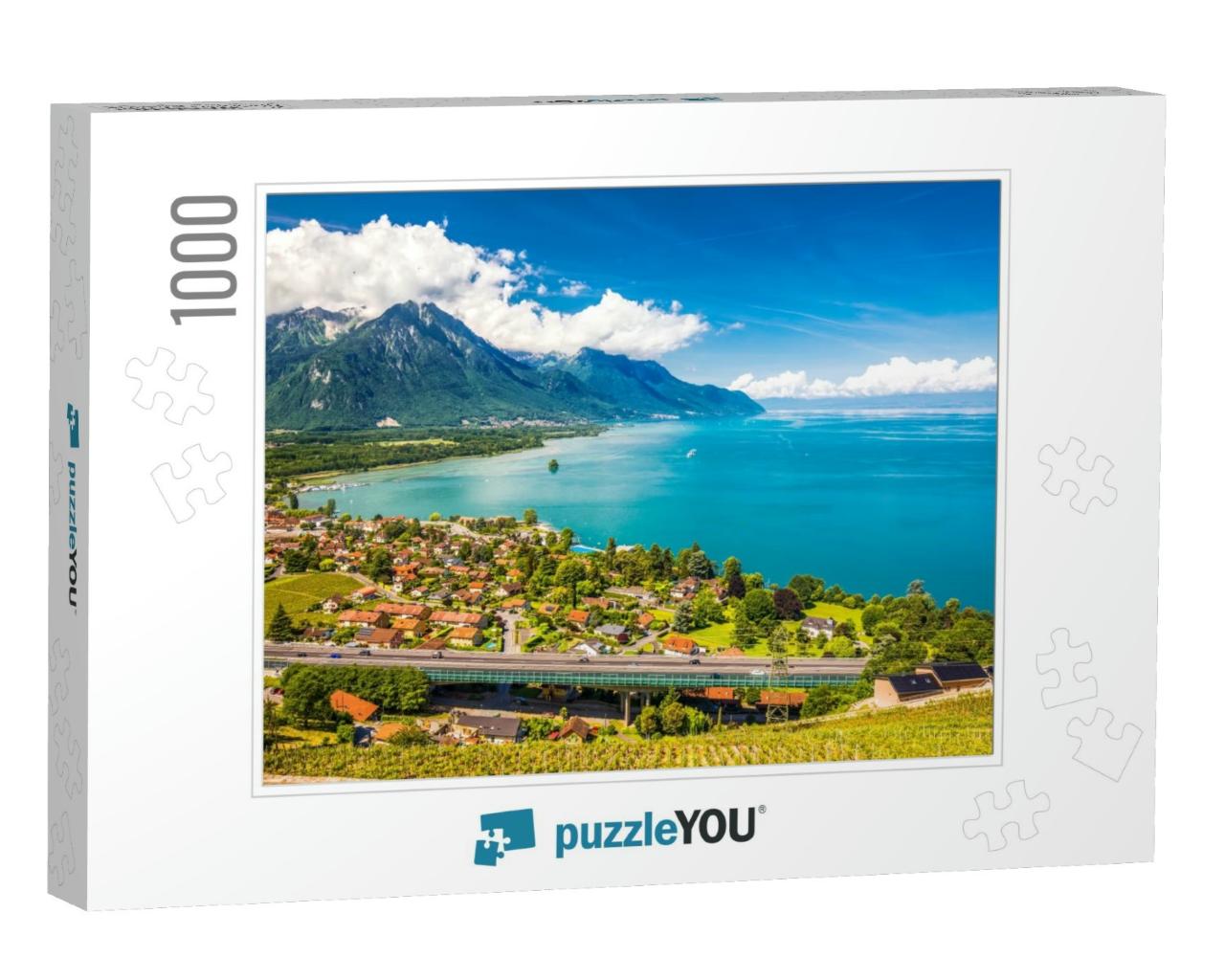 Panorama View of Villeneuve City with Swiss Alps, Lake Ge... Jigsaw Puzzle with 1000 pieces