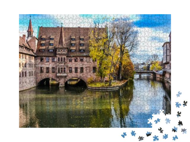 Ancient Nurnberg Heilig Geist Spital Building Over Pegnit... Jigsaw Puzzle with 1000 pieces