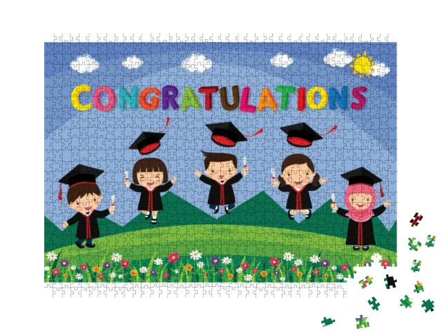 Congratulated Kids Graduate. Happy Student Jumping... Jigsaw Puzzle with 1000 pieces