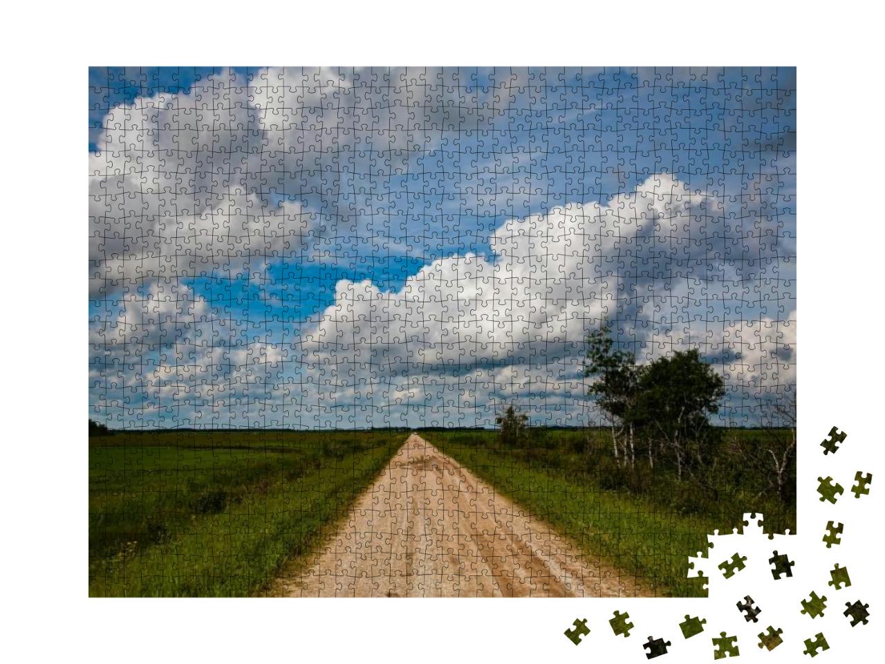 A Country Road in Rural North Dakota, with Large Puffy Wh... Jigsaw Puzzle with 1000 pieces