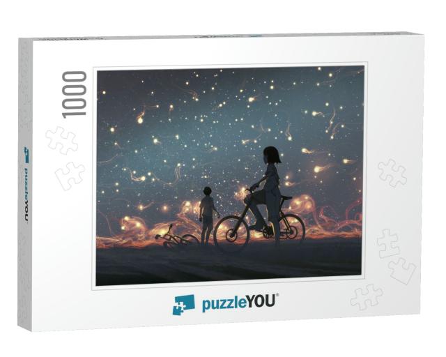 Young Couple Look At Mysterious Light in the Night Sky, D... Jigsaw Puzzle with 1000 pieces