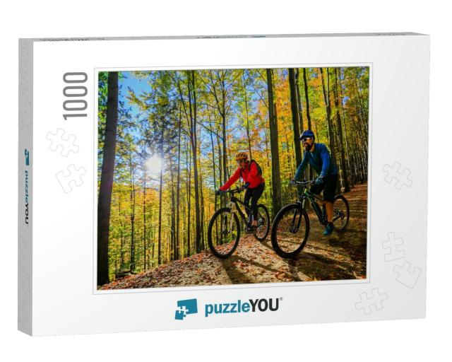 Cycling Woman & Man Riding on Bikes At Sunset Mountains F... Jigsaw Puzzle with 1000 pieces