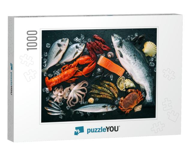 Fresh Fish & Seafood Arrangement on Black Stone Backgroun... Jigsaw Puzzle with 1000 pieces